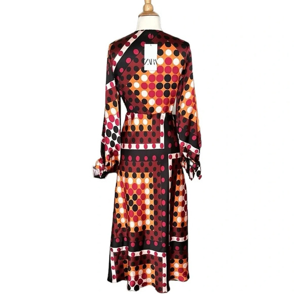 ZARA Retro 70s MIDI Dress Satin Effect Polka Dot Earth Tones, Size Small NWT - Picture 8 of 16
